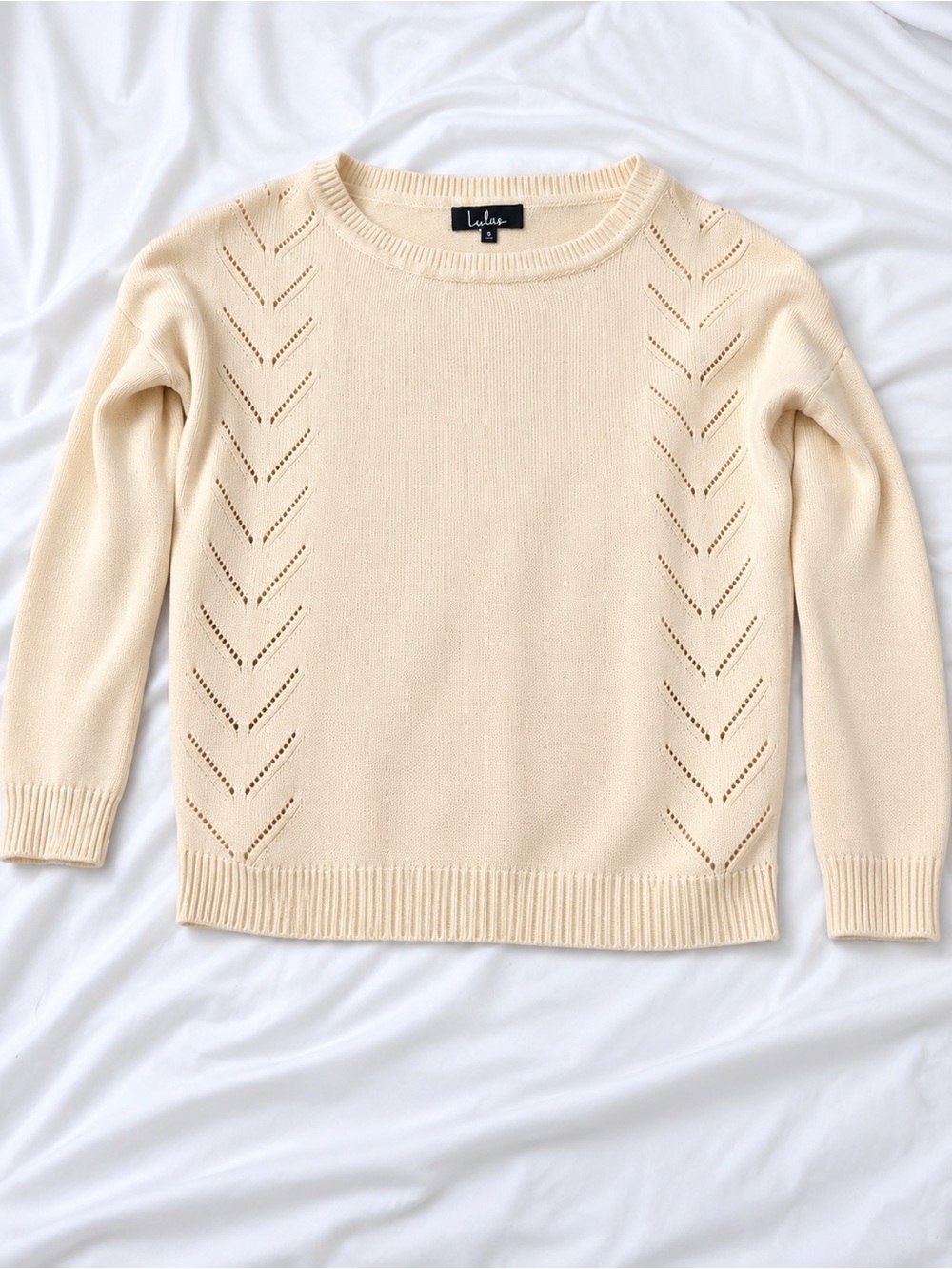 Lulu's Cream Chevron Pointelle Crewneck Sweater